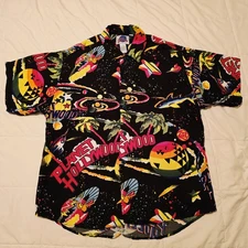 Vtg Planet Hollywood Hawaiian Shirt Mens Large Space Shark All Over Print 90s