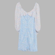 Rixo Fara Blue Floral Print Silk Puff Sleeve Mini Dress | XXS | UK 6
