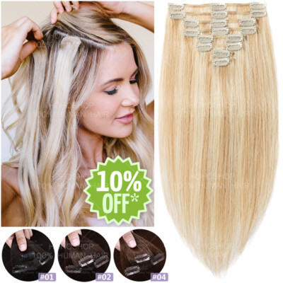 US CLEARANCE Clip In Real Remy Human Hair Extensions Full Head 8 Pieces Straight