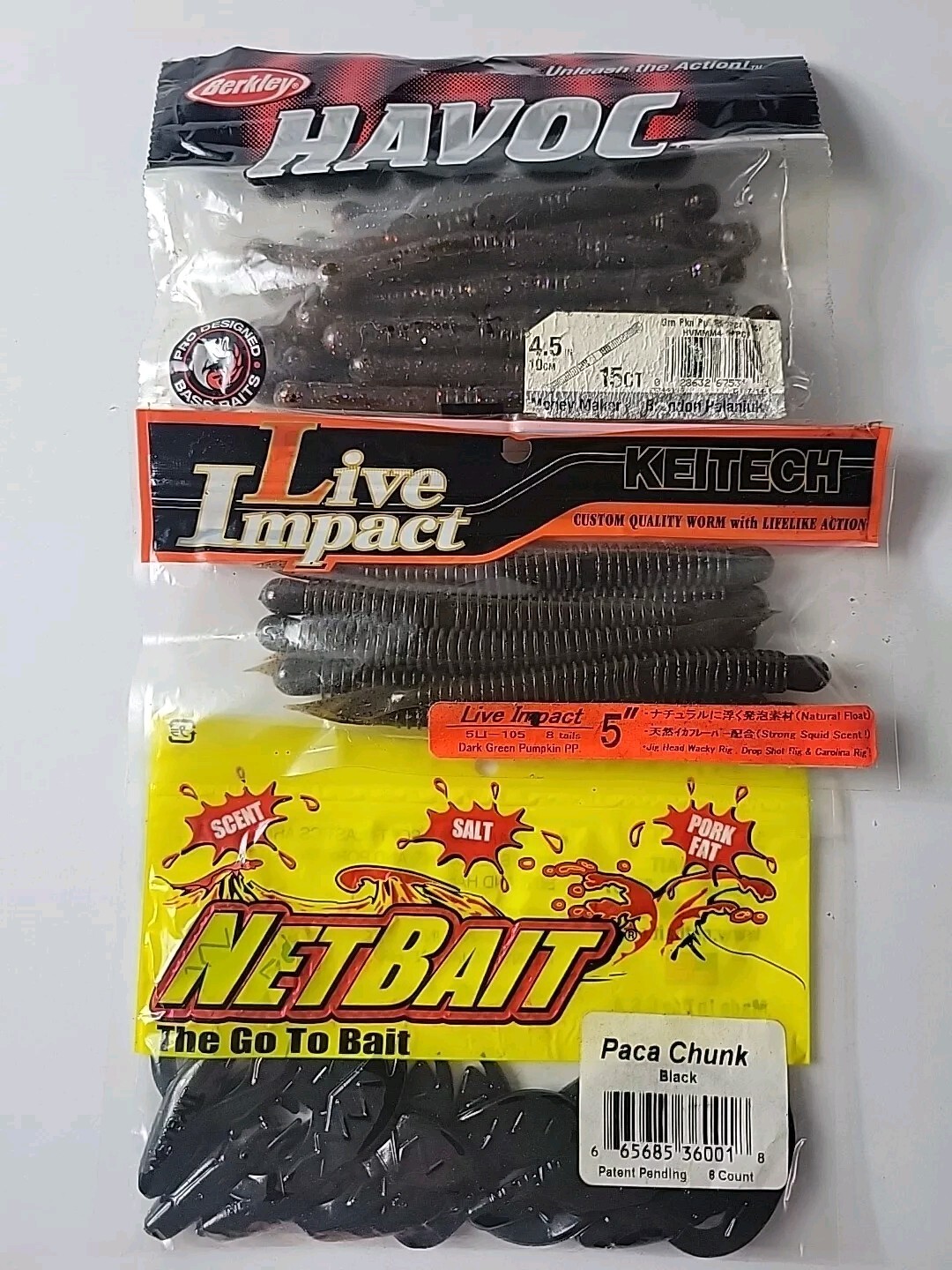 Bass Fishing Lot 3pk  Keitech Berkley Havoc Net Bait Paca Chunks NOS Vintag BA69