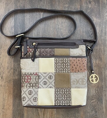 GIANI BERNINI Leather Canvas Logo Patchwork Crossbody Bag & Keychain Small Flaw