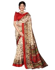 Women's Soft Silk Saree With Blouse Piece Bollywood Indian Designer Beige Red