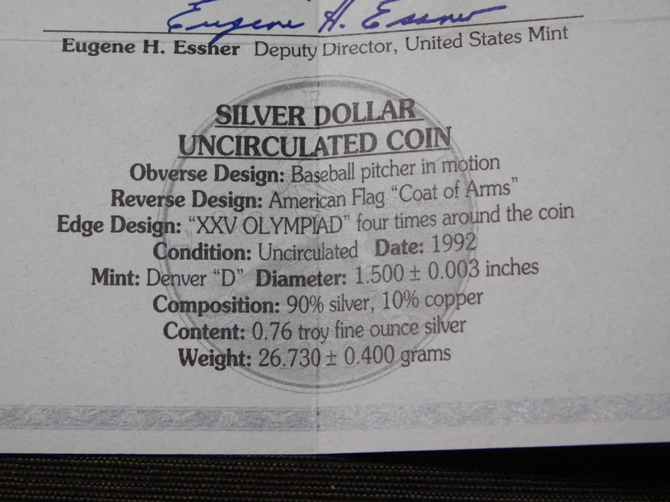 US MINT COIN  1992-D  XXV OLYMPICS BASEBALL PITCHER  UNC 90% SILVER DOLLAR - Image 3 of 4
