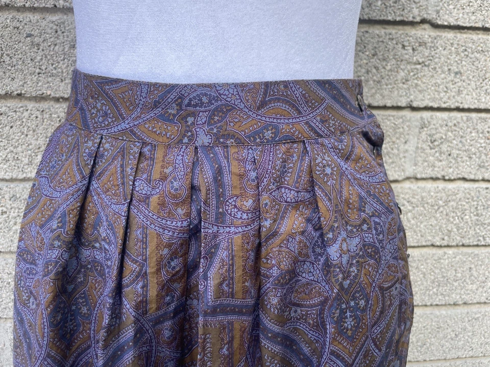 复古 Max Mara 意大利打褶紫色佩斯利 A 字中裙口袋复古职业 — 第 2/4 张图片