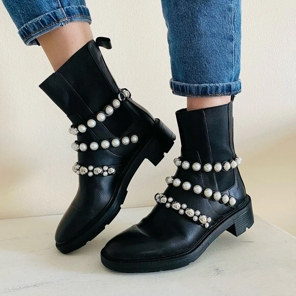 Zara Boots Womens Size 37 Black Triple Pearl Strap Chelsea | eBay