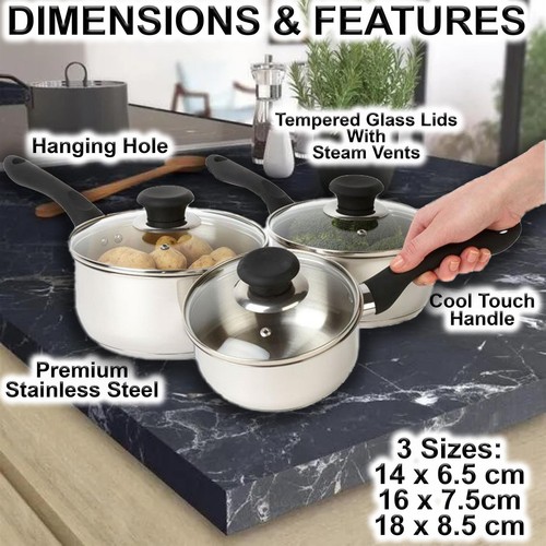 Saucepan Set Stainless Steel Non Stick Induction Deep Sauce Pan Pots Kitchen 6pc - Picture 4 of 6