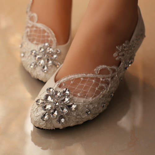 Lace white ivory crystal Wedding shoes Bridal flats low high heel pump size  5-12 | eBay