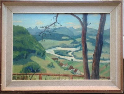 Ölgemälde Blick ins Land Antik Holzrahmen Häuser im Tal Frankreich, Einzelwerk - Bild 1 von 4