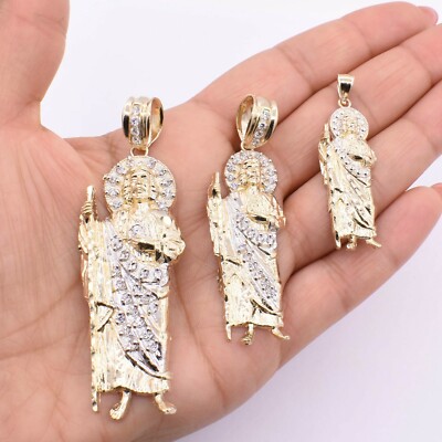 Saint Lazarus mit Halo CZ strukturierter Anhänger echt 10K Gelb Weißgold ALLE GRÖSSEN