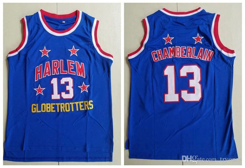 Mens 13 Wilt Chamberlain Harlem Globetrotters Basketball Jerseys Blue Stitched