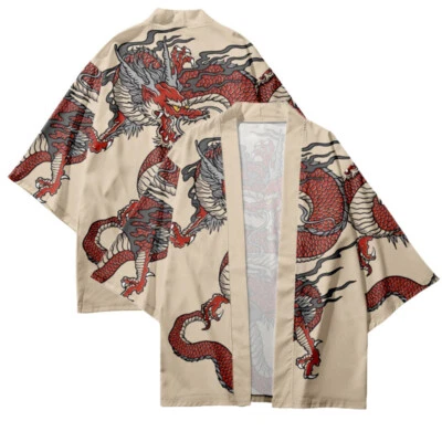 Herren Japanische Kimono Strickjacke Yukata Drachen Muster 3/4 Ärmel Mantel - Bild 1 von 4