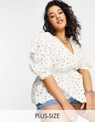 NEW WHITE SIMPLY BE FRUIT PRINT WRAP TOP WITH PUFF SLEEVES PLUS SIZE 22 - Afbeelding 1 van 4