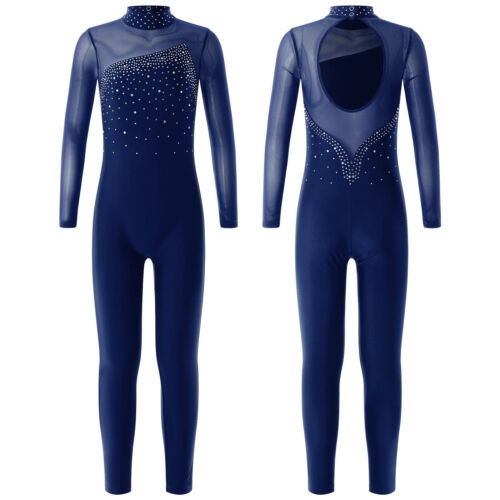UK Kid Girls Shiny Gymnastics Leotard Long Sleeve Jumpsuit Ice Skating Dancewear - Picture 53 of 60