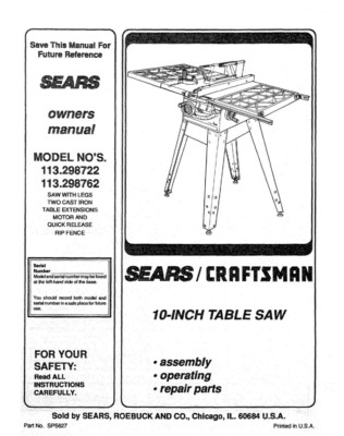 #ad #ad Craftsman 113.298722 113.298762 Table Saw Owners Instruction Manual $20.24