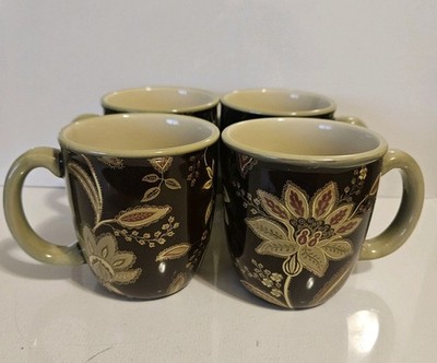 4 Jaclyn Smith Coffee Tea Mugs Floral Pattern Brown Sage Green Burgundy Tan 4'' 