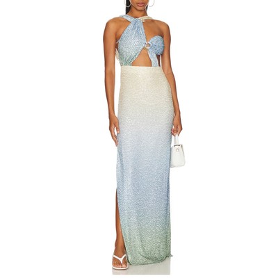 Meltem Ozbek Sequin Maxi Dress Blue Ombre SIZE 6 Cutout Luxury Gown $750 NEW