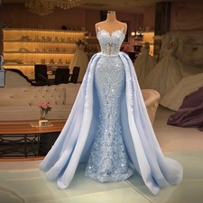 Light Sky Blue Lace Mermaid Evening Dress Sheer Neck Sleeveless Lace Prom Gown