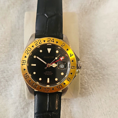 Austin 24 Hours Professional Quartz Watch 24H Dial/Gold Bezel Date 35mm