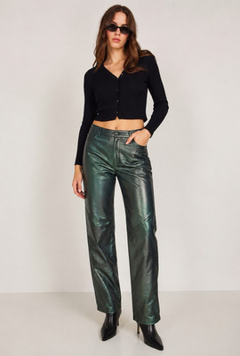 Hugo Buscati Collection Leather Straight-Leg Pants   Green | Women's | Size 8