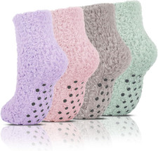 4 Pairs Fuzzy Socks with Grips Non-Slip Cozy Fluffy Winter Slipper Socks