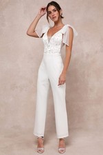 Lulus Dignified Beauty White Embroidered Mesh Tie Strap Bridal Jumpsuit NWT L