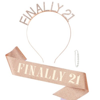 21st Sash & Rhinestone  FINALLY 21  Headband Kit- 21st Decorations Gifts for ...