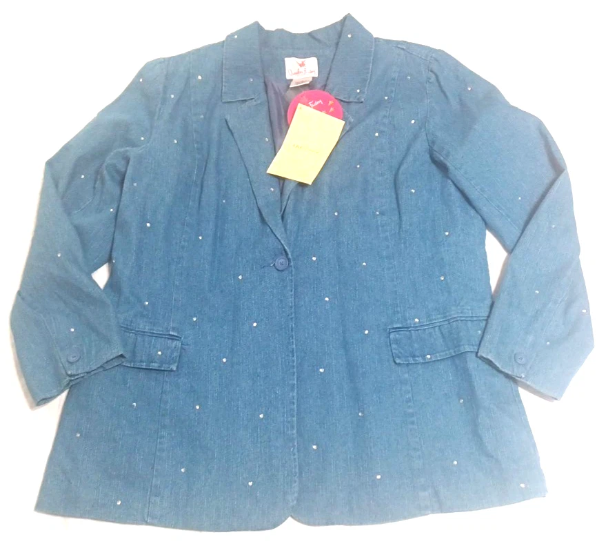 Quaker Factory 复古女式蓝色牛仔闪亮女式西装外套加 1X 有衬里 Y2K — 第 2/4 张图片