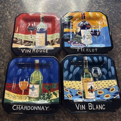 Set 4 Sommelier Bread Plates Appetizer Dessert Wine Design Vin Blanc Chardonnay 