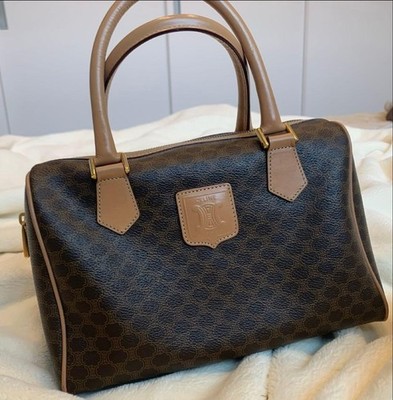 CELINE Vintage Macadam Pattern Mini Boston Bag Brown Leather