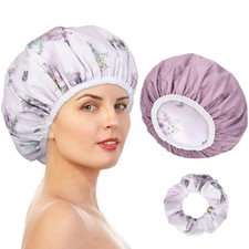 Double-Sided Shower Cap for Women, 2 in 1 Reusable Waterproof Bath Cap Stocking 