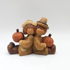 Blossom Bucket Figure Thanksgiving Pilgrim Boy Girl Pumpkins Fall Folk Art Suzi