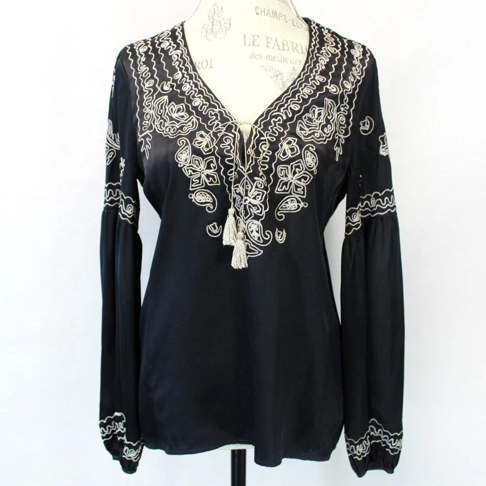 Blusa Nanette Lepore Vintage Designer Label Y2K Bordada Seda Negra Talla 2 Foto 2 de 4