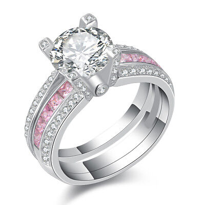 Sterling Silver Round Brilliant Cut Pink Sapphire CZ Wedding Engagement Ring Set