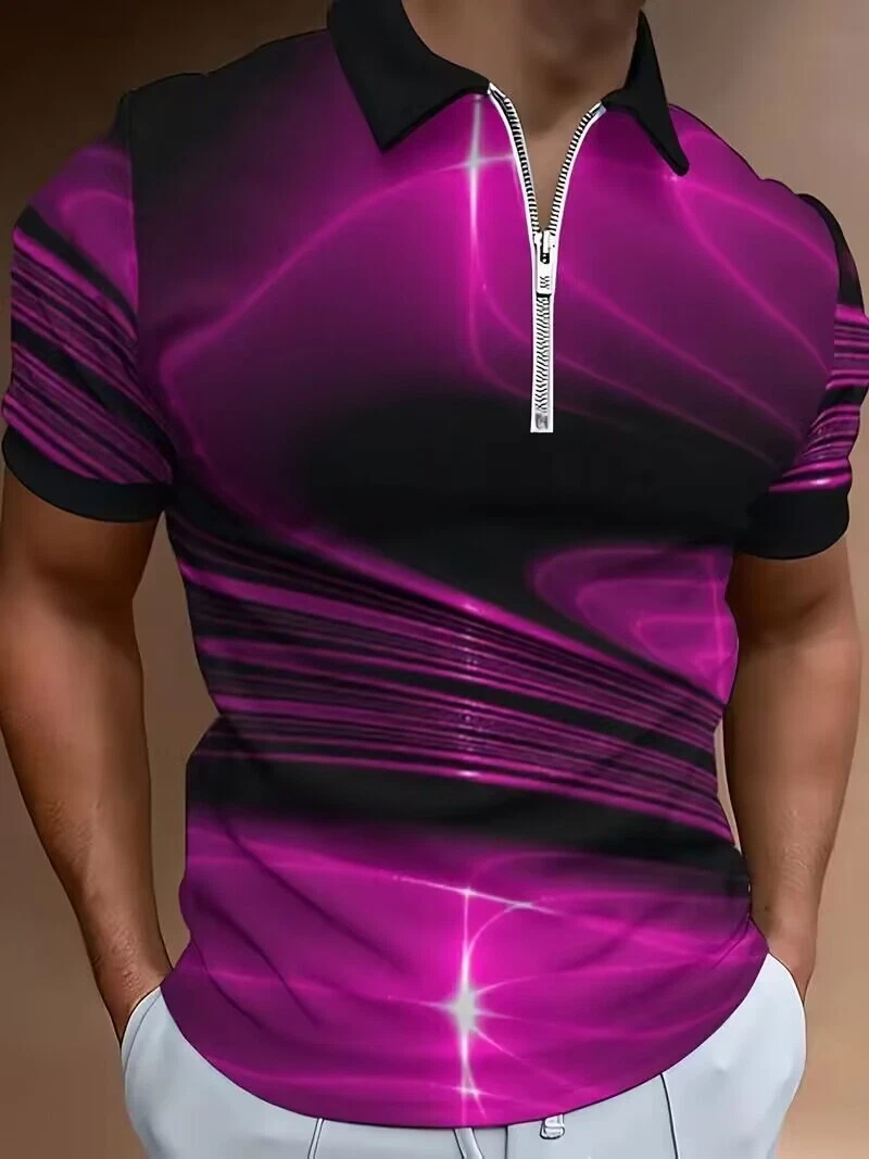 Mens Trendy 3D Digital Print Zipper Shirt Short Sleeve Color Block Design Tee - Picture 1 of 3