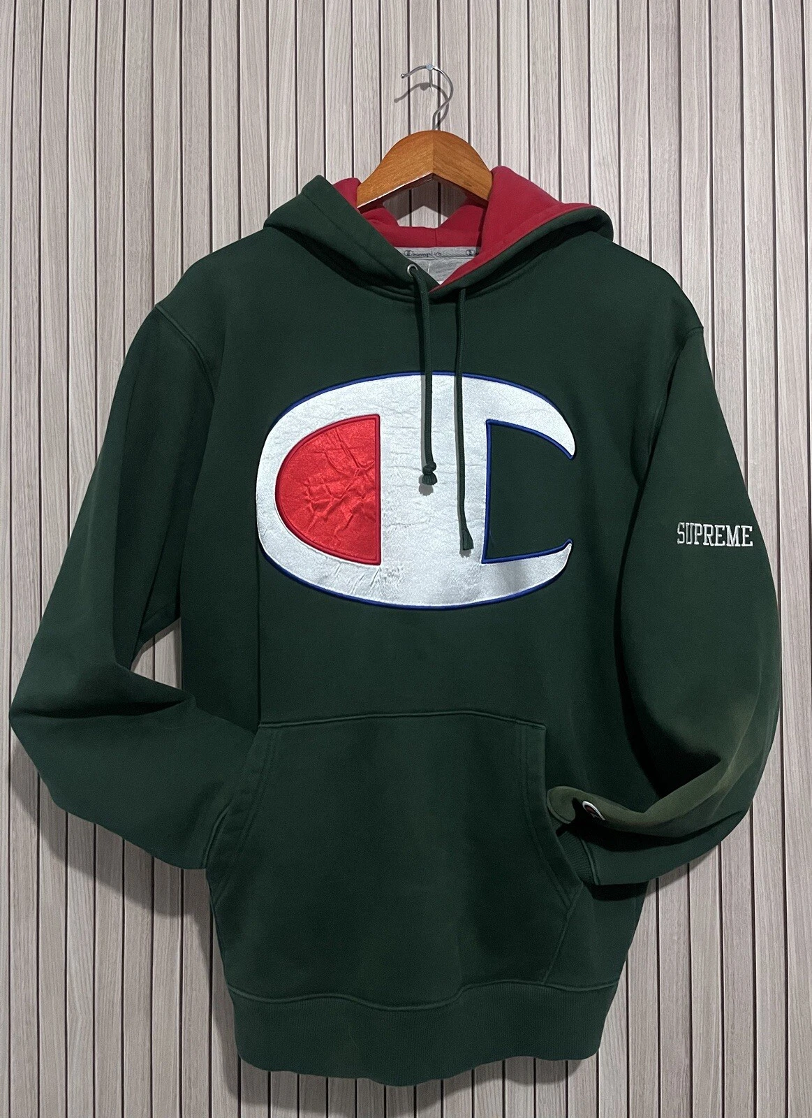 Grand pull streetwear homme vert à capuche Champion Supreme Collaboration 
