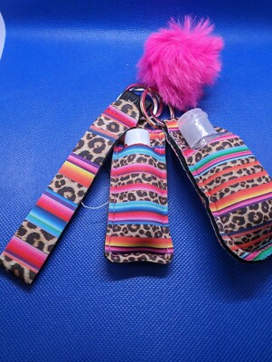 Women's Keychains 6 Pc Chapstick w/ Holder, Sani Bottle w/ Holder, Puff & Strap