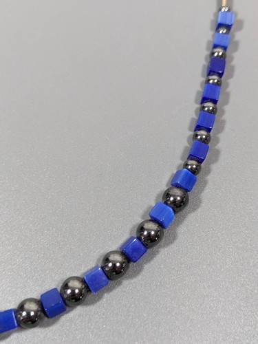 Beachy Coastal Blue Glass Square Bead Hematite Stone Necklace 18 inch - Picture 3 of 7