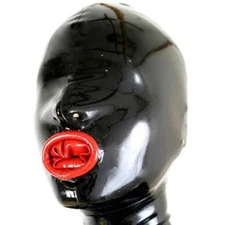 Latex Hood with Inner Red Mouth Condom Only Open Nose Back Zipper Rubber Mask