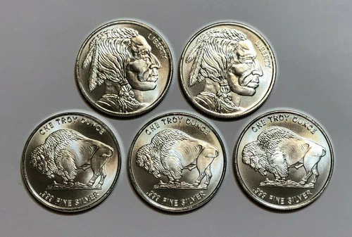 Lot of FIVE 1 oz .999 Fine Silver Buffalo Nickel Design Round, Radial Lines BU