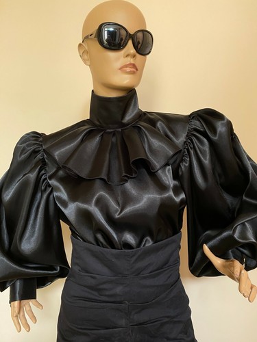 Black Formal satin blouse with high neck and puffy balloon sleeve, Plus size - Picture 4 of 5