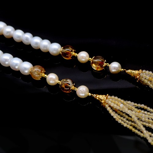 Gemstone White Pearl, Citrine & Quartz Pendant & Necklace 29.0" 925 Silver - Picture 3 of 5