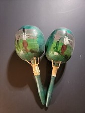 2 VTG Hand Painted Maracas Mexico Folk Art Music Maker Shaker Rattles   