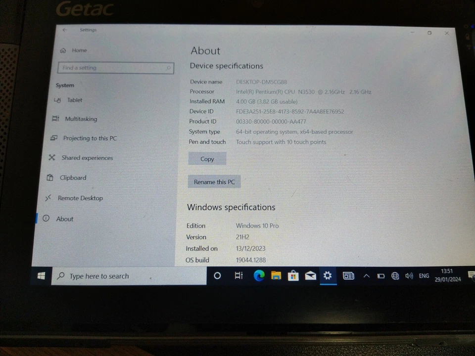 GETAC T800 Rugged Tablet PC Intel Pentium N3530 2.16GHz 4GB RAM 128GB *ISSUES* - Image 2 of 4