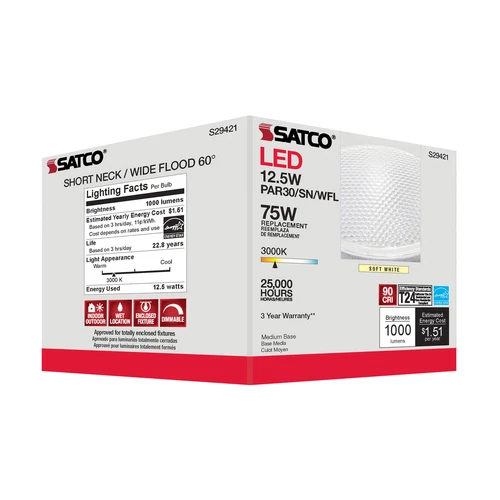 6 Pack Satco S29421 Short Neck 60 Degree LED 12.5W =75W PAR30SN Medium E26 3000K - Picture 7 of 14