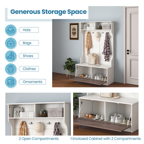 63 Inches Hall Tree w/Coat Rack and Storage Bench Multifunctional Coat Rack - Picture 5 of 8