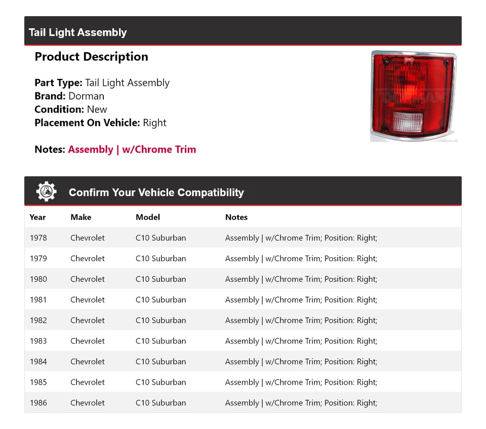 Conjunto de luz trasera derecha para Chevrolet C10 Suburban Dorman 1978-1986 1979 1980 Foto 2 de 4