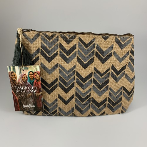NEW Neiman Marcus Cosmetic Pouch/ Makeup Bag Burlap Tan & Black With Zipper - Picture 2 of 2