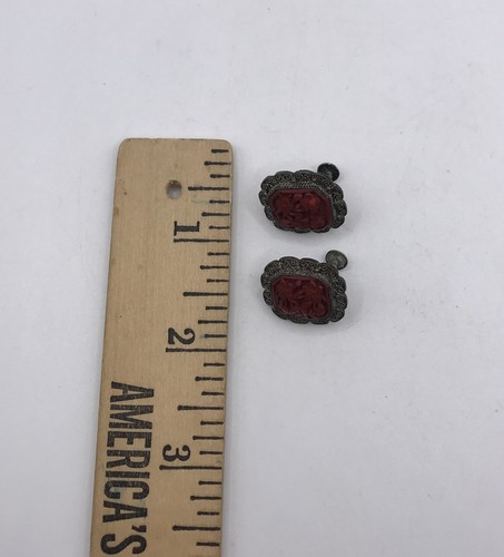 Vintage CINNABAR CHINESE EARRINGS CLIP ON SILVER - Picture 8 of 8