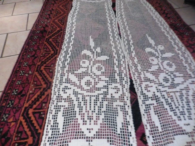 2 ANCIENS RIDEAUX EN FILET COTON A FRANGES"FLEURS" H210X40 CM '1900 - Photo 4/4