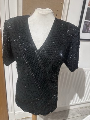 Laurence Kazar schwarz Perlen Top Deadstock Vintage Abend Party Kleidung Medium